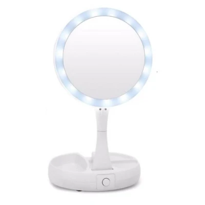 Кръгло огледало за грим с LED осветление, сгъваемо, 25 см, ефект на лупа, бяло Кръгло огледало за грим с LED осветление, сгъваемо, 25 см, ефект на лупа, бяло